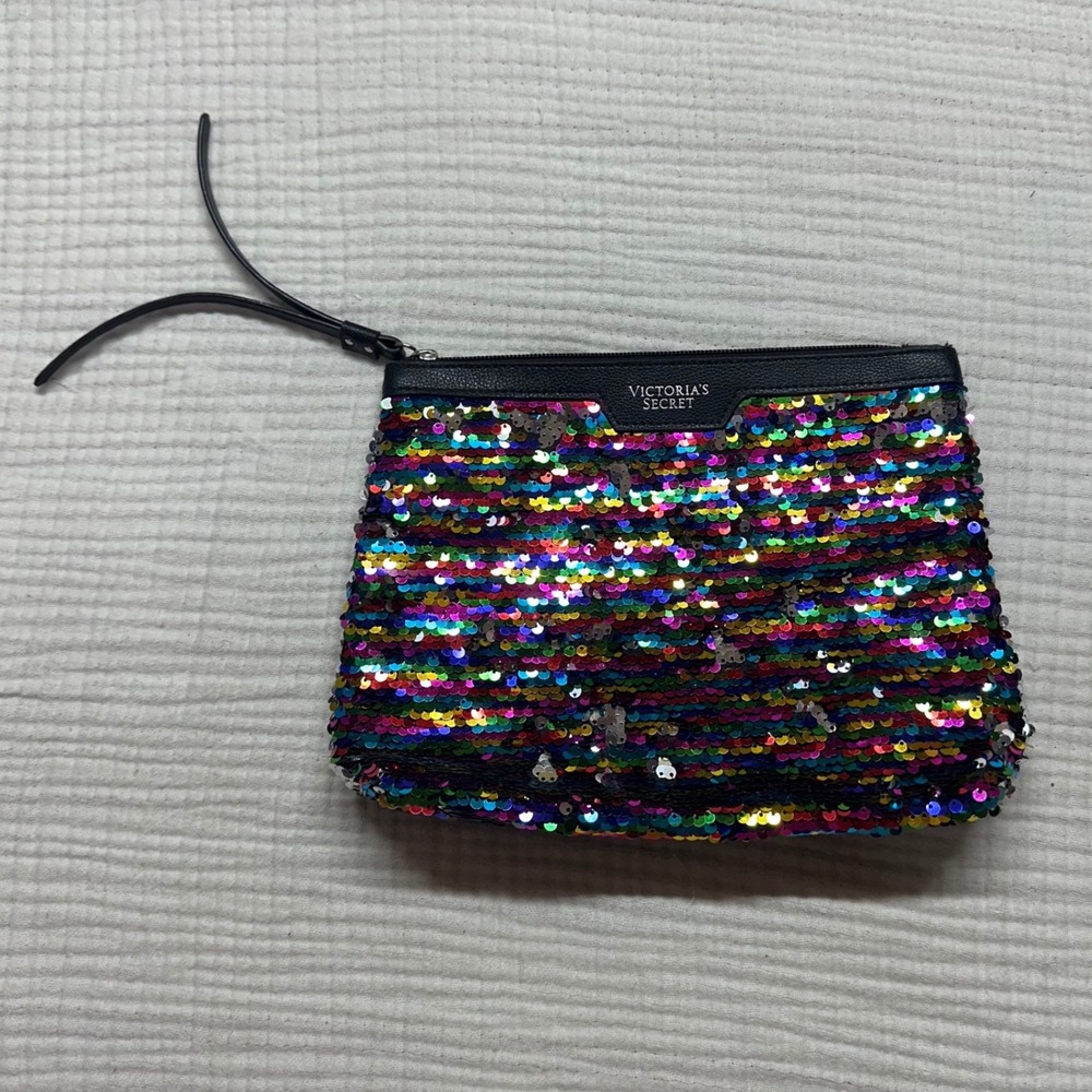 Victoria's Secret Black Flip Rainbow Sequin Bling cosmetic pouch bag purse Y2K - Picture 1 of 7